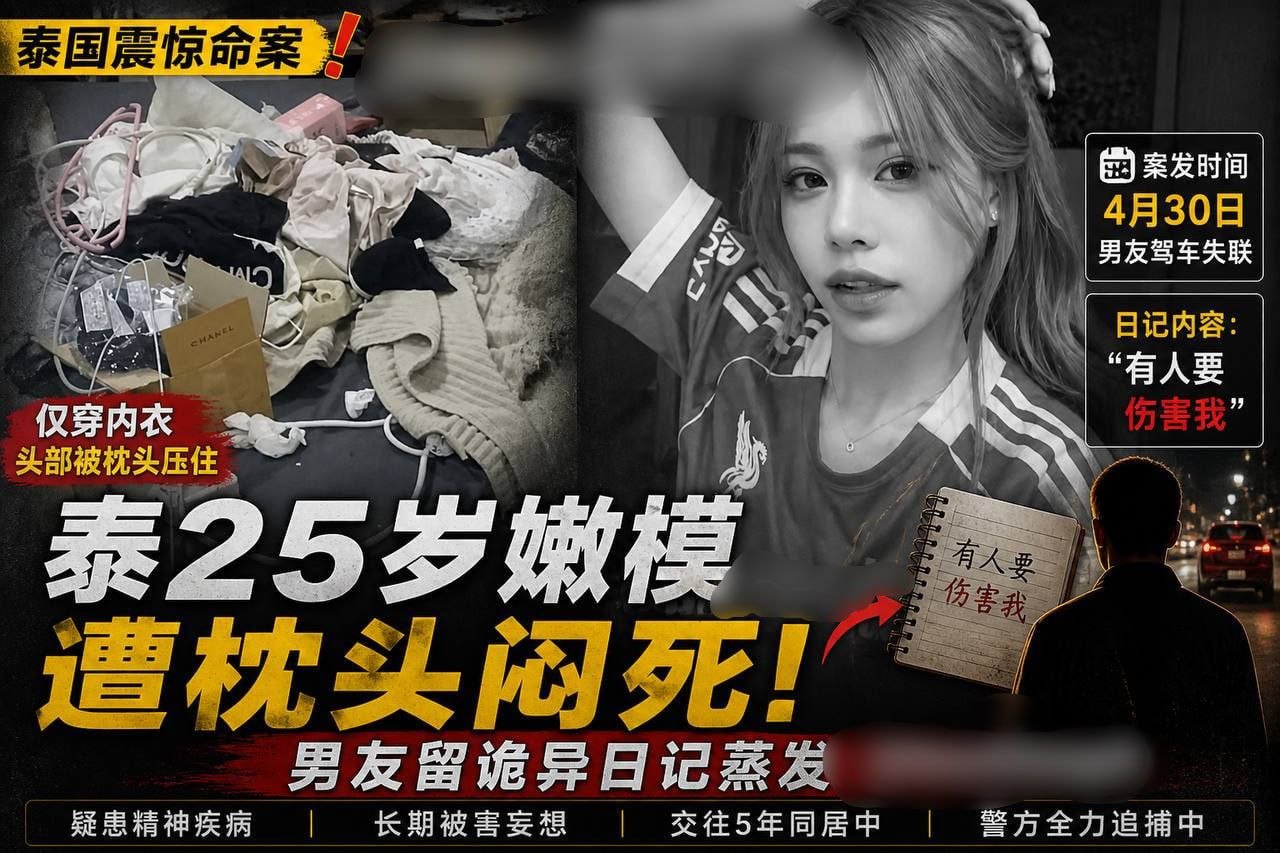 泰国新闻 泰国25岁女模惨死出租屋 仅穿内衣遭枕头闷杀，男友留“被害妄想日记”后失联